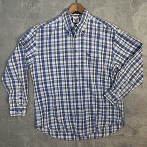 Faconnable Men's L Plaid Button Front Long Sleeve‎ Shirt Blue Orange Cotton